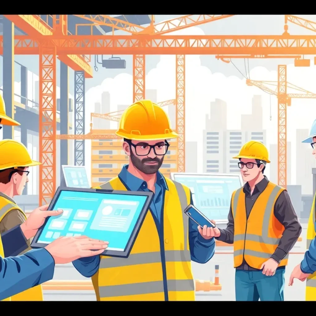 Illustration of construction professionals using advanced software on-site.