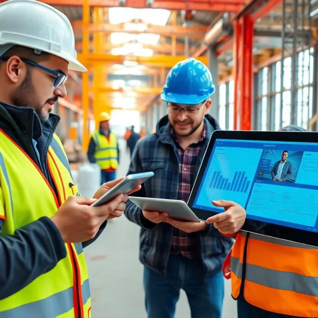 Construction site with workers using digital technology