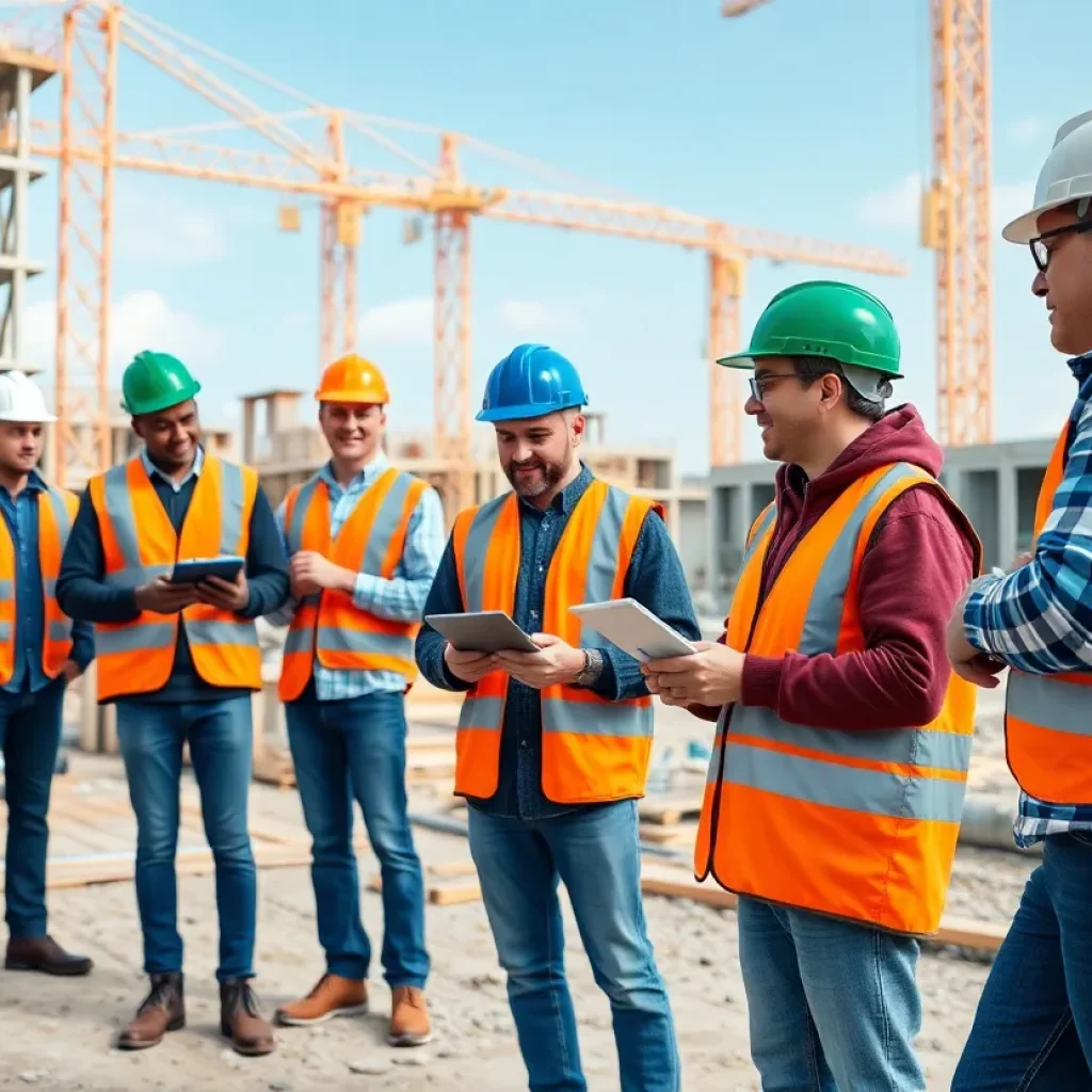Construction workers using AI technology on site