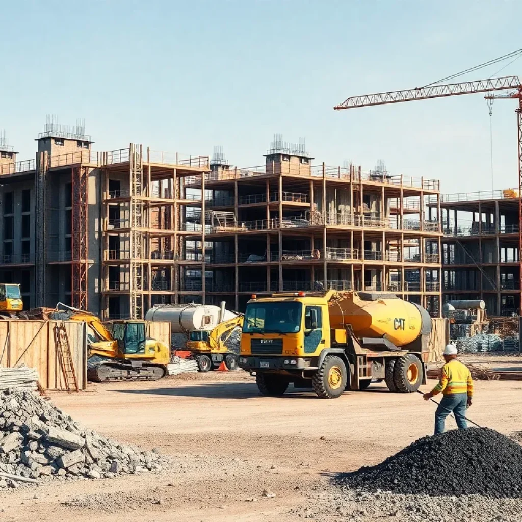 Construction workers at a busy site with modern tools and machinery