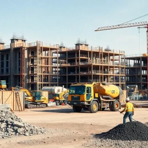 Construction workers at a busy site with modern tools and machinery