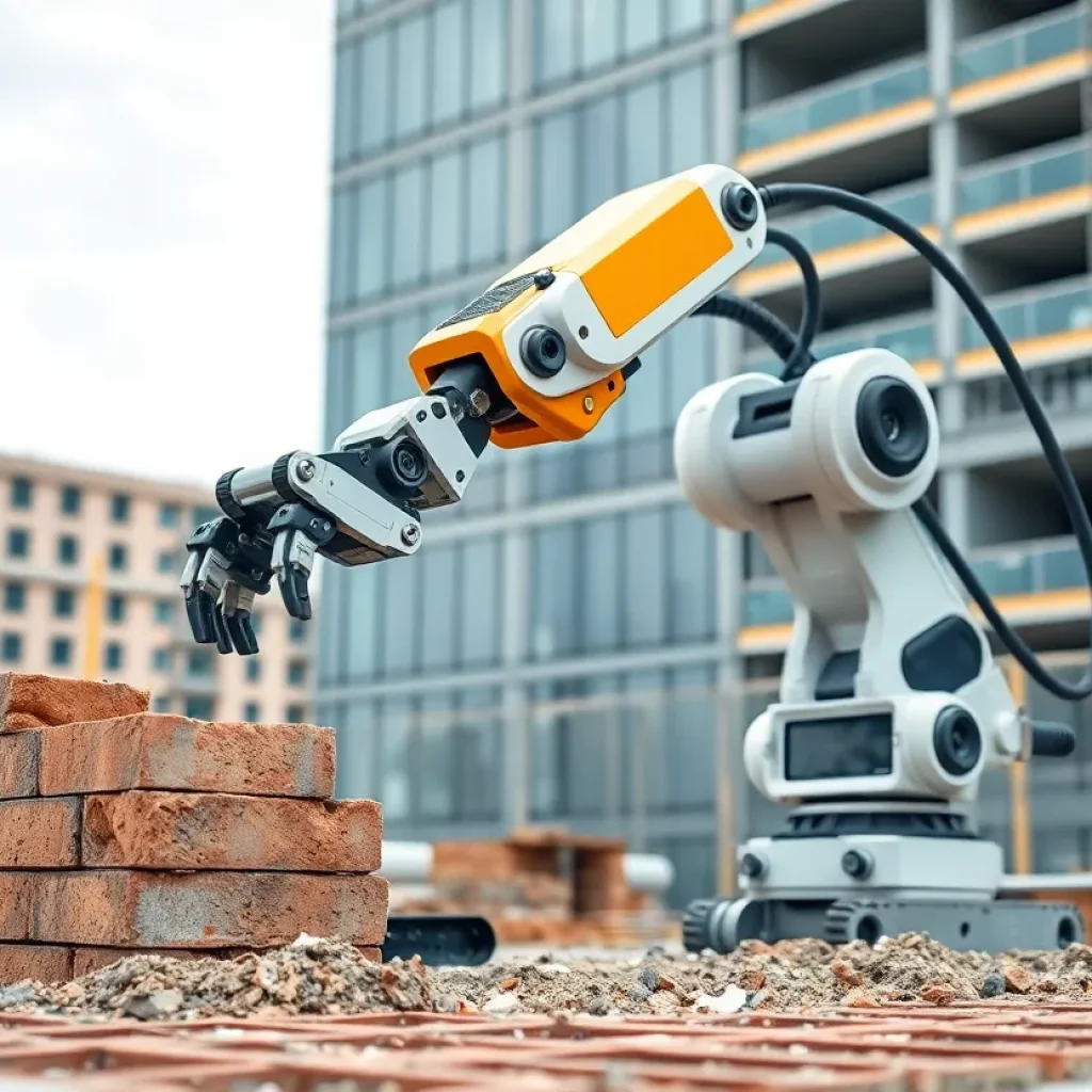 An advanced construction robot performing tasks on a job site