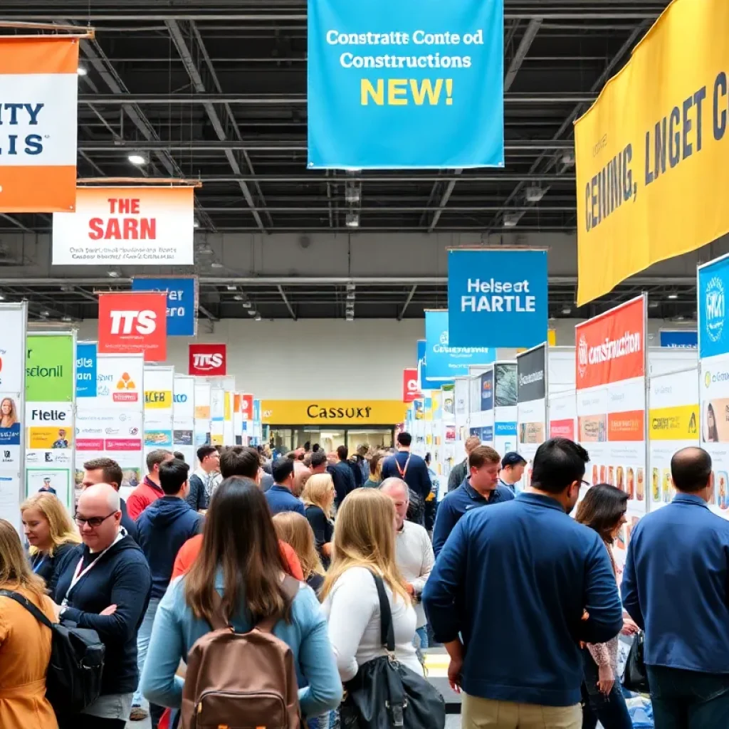 A lively scene from a construction trade career fair with attendees and company booths