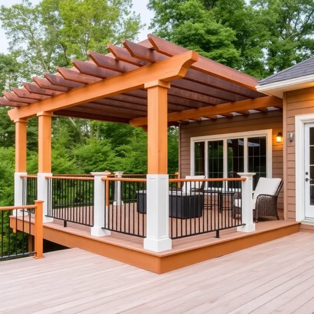 Outdoor living space featuring a custom deck with pergola