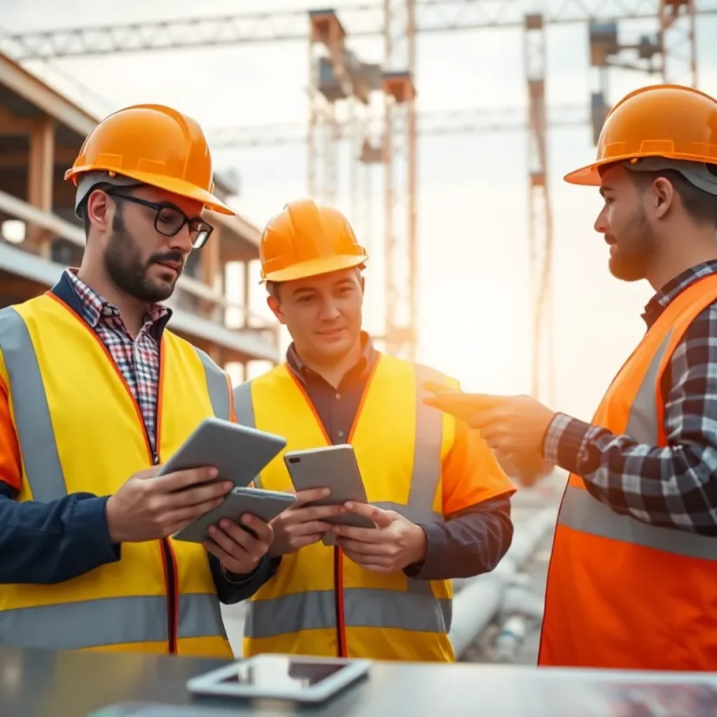 Construction workers using digital technology on site