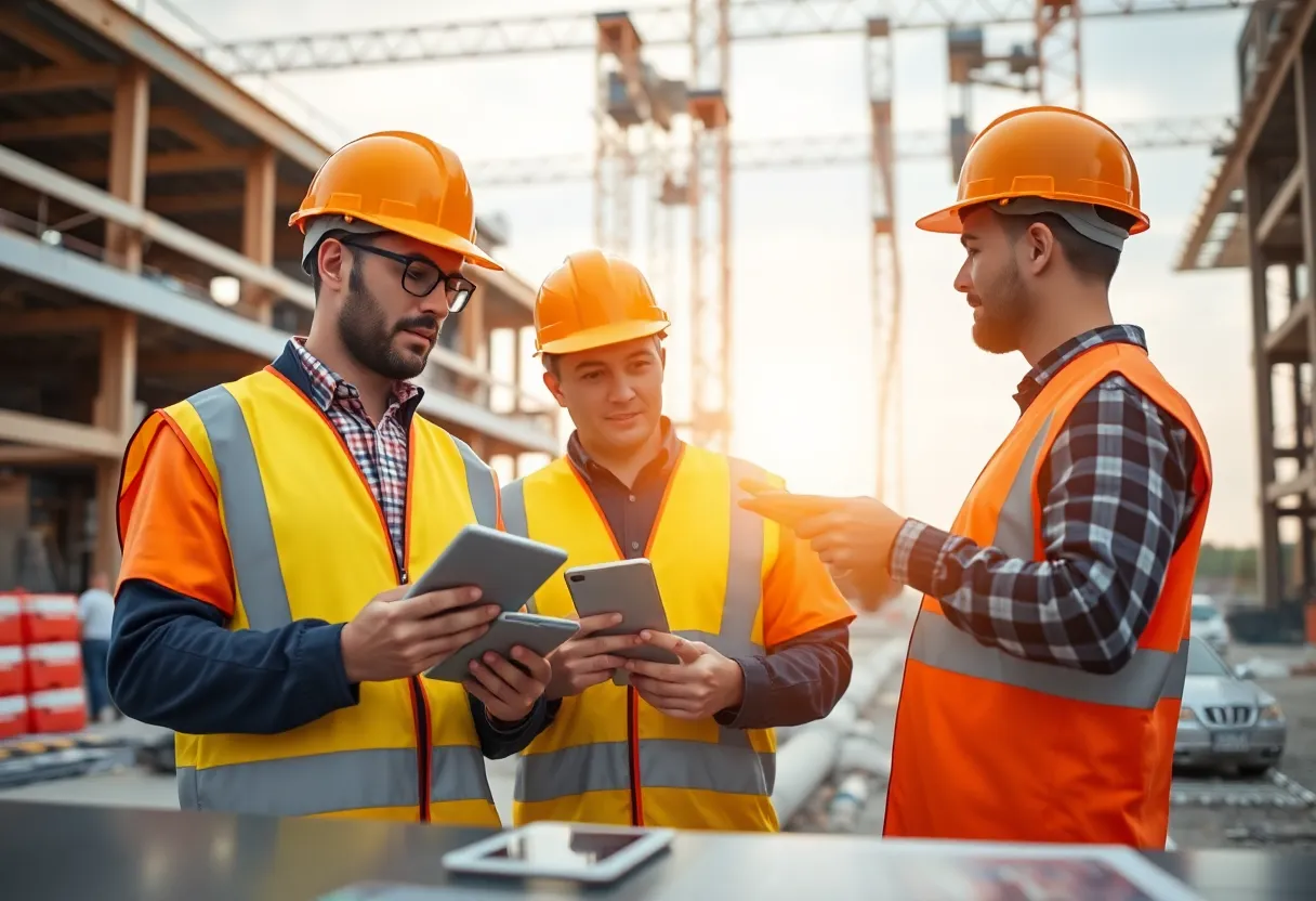 Construction workers using digital technology on site