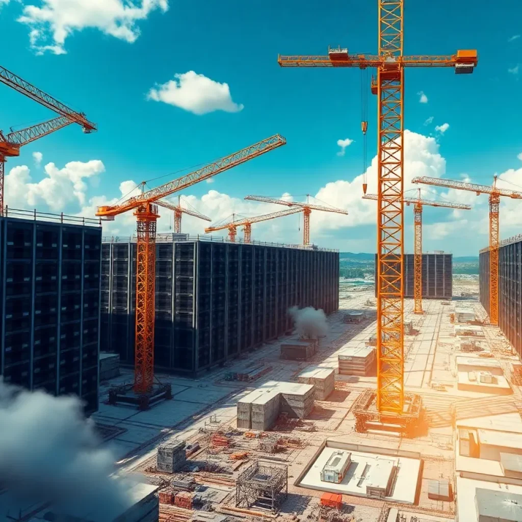 Construction site of a data center with cranes and workers.