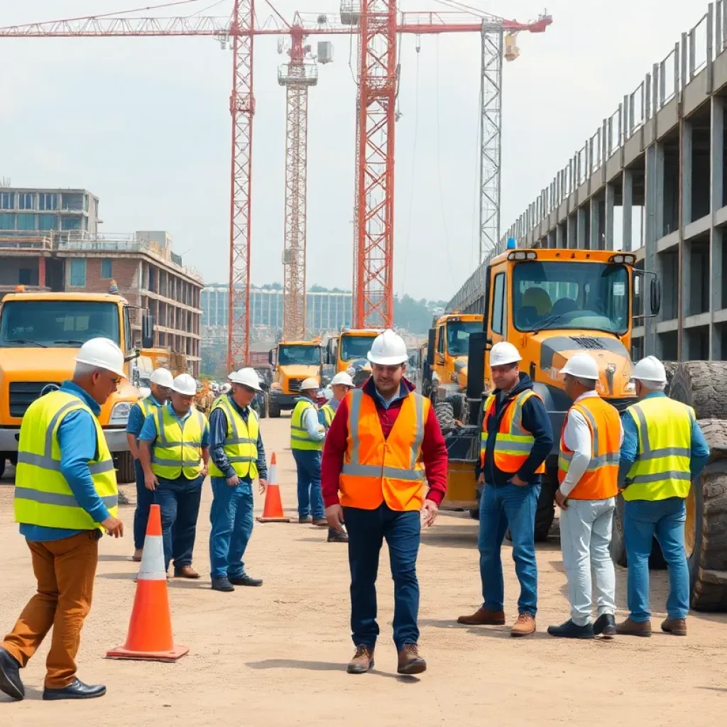 Construction workers on a job site emphasizing compliance with labor laws.