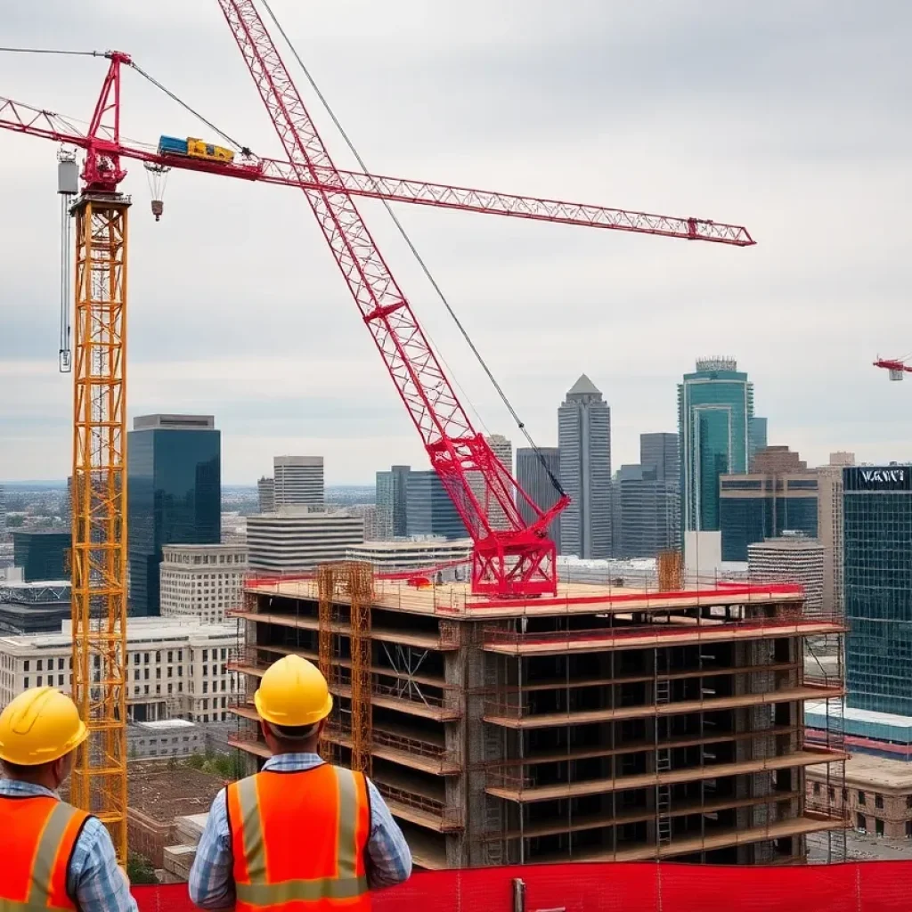 Construction site in Denver with workers and cranes