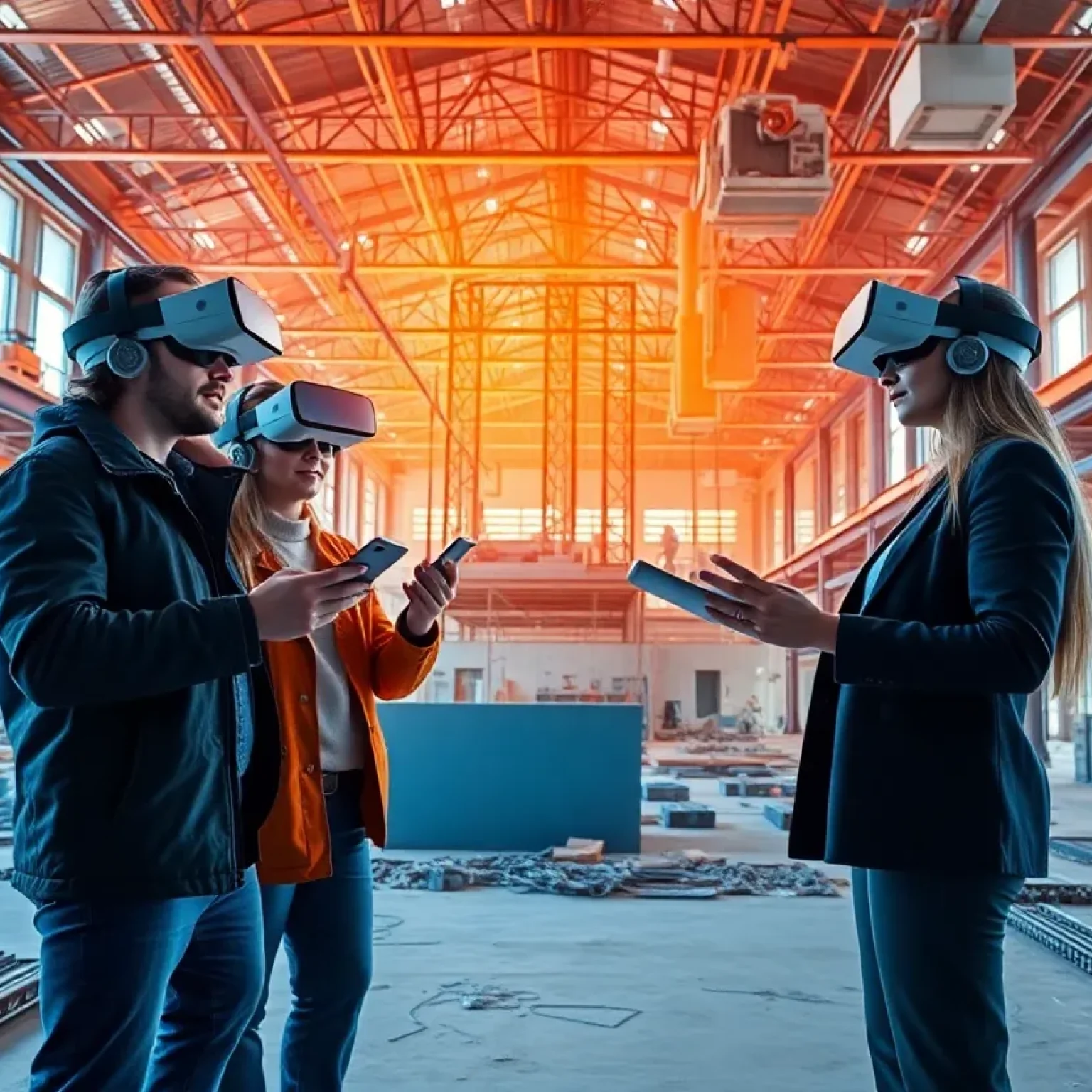 A visualization of digital construction management featuring architects and clients using VR technology.
