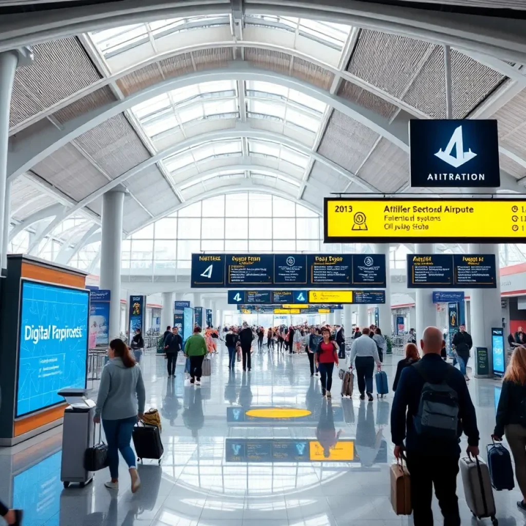 A modern airport terminal enhanced with digital technologies and biometric systems.