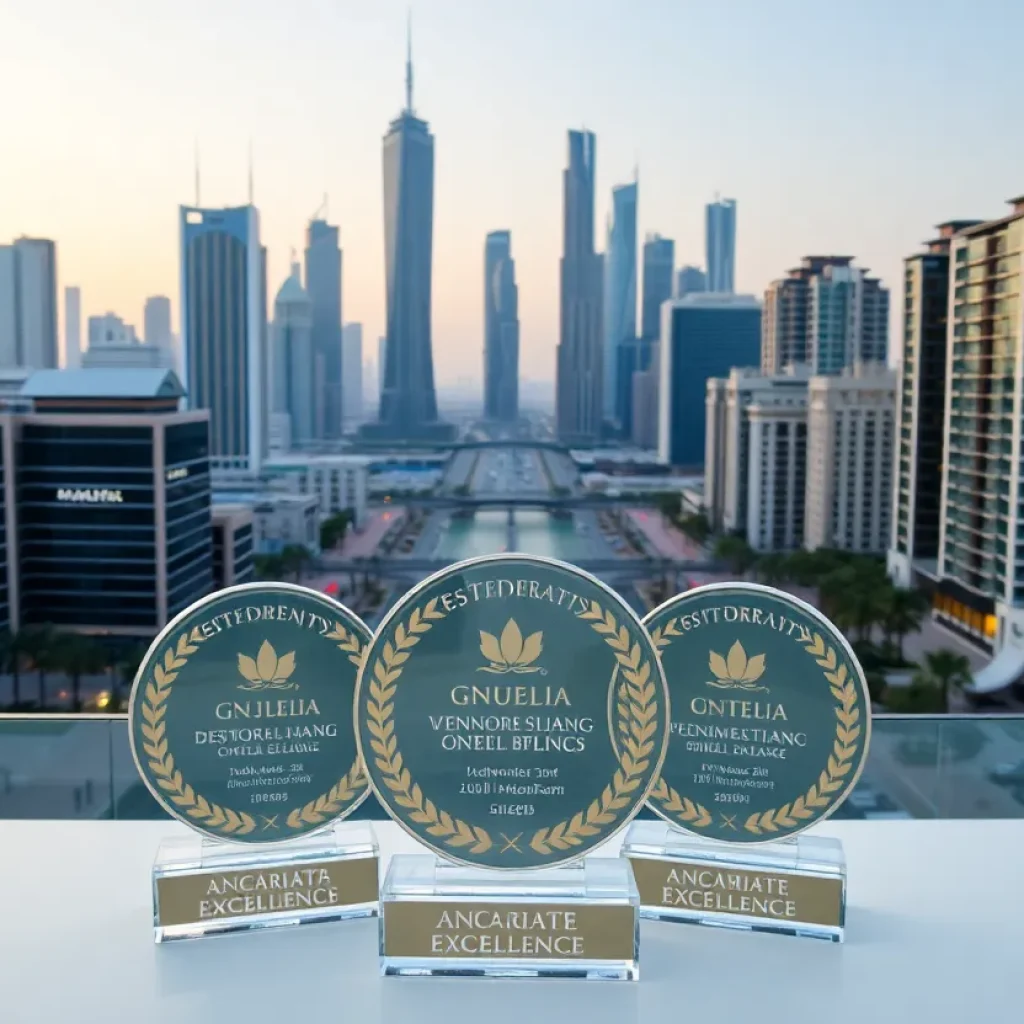 Awards received by Dubai Municipality displayed with a city skyline