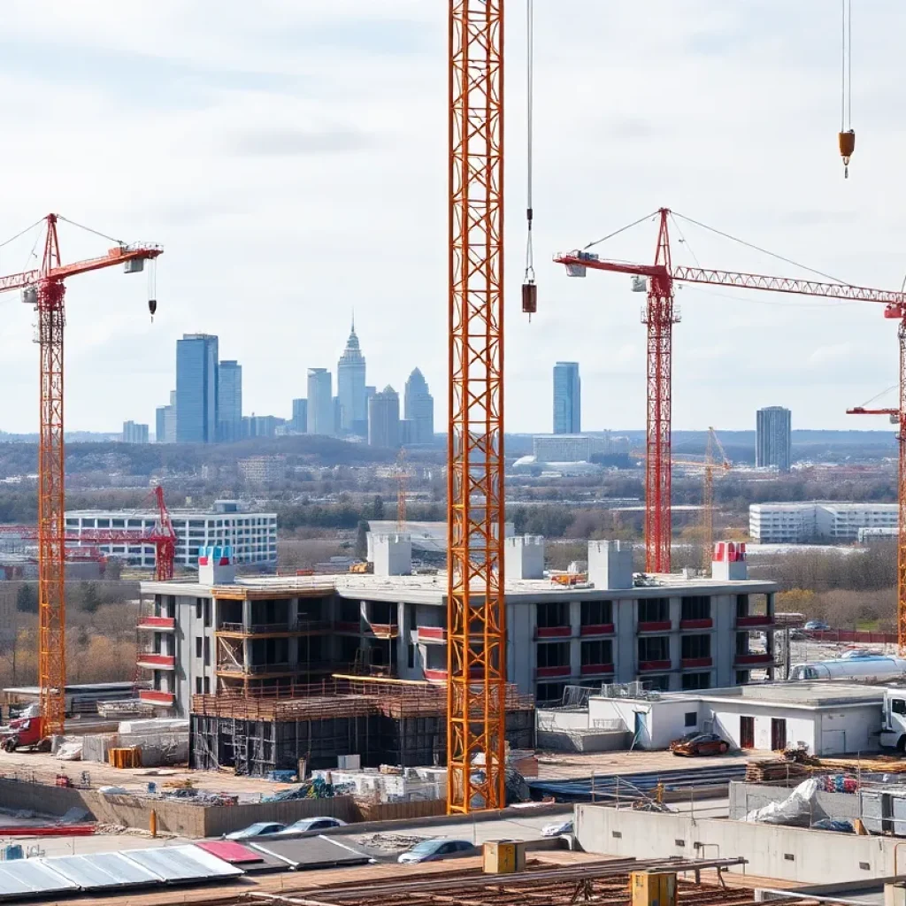 Construction site in Dubuque with cranes and buildings