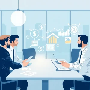 Office scene with mortgage brokers discussing financing solutions