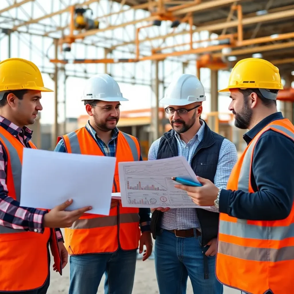 Construction project managers discussing earned value techniques