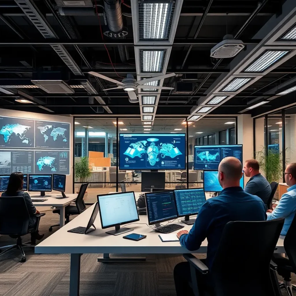 An office scene depicting advanced security integration technologies including AI interfaces and VR training.