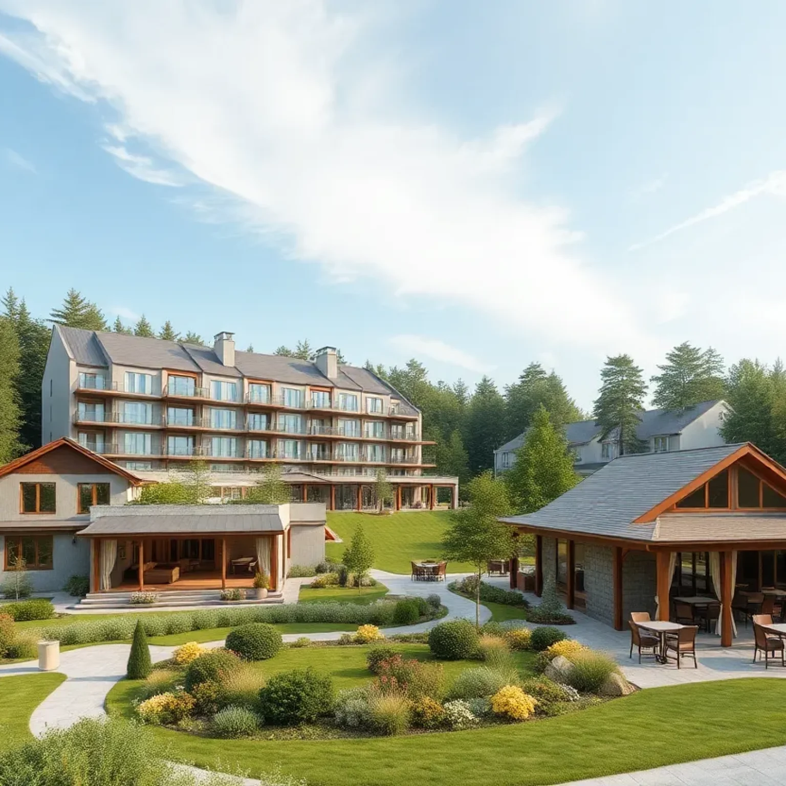 Conceptual rendering of the Enclaves hotel complex with cottages and restaurant.
