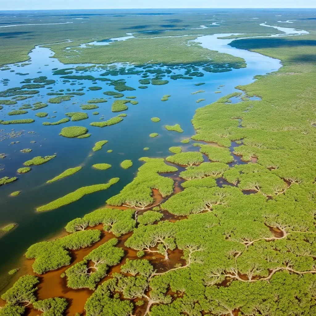 Aerial view of Everglades wetlands and construction areas for the EAA Reservoir.