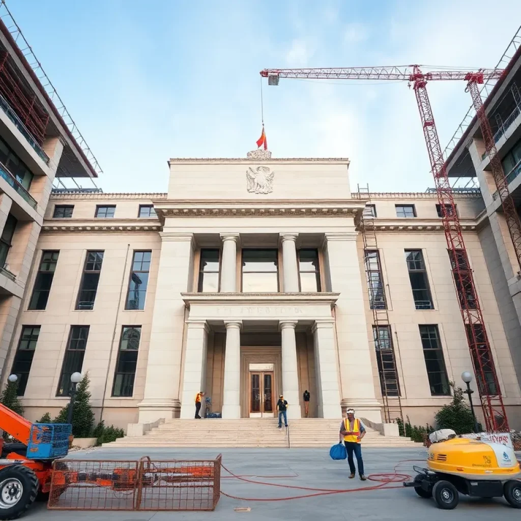 Federal Reserve building undergoing renovation with construction workers