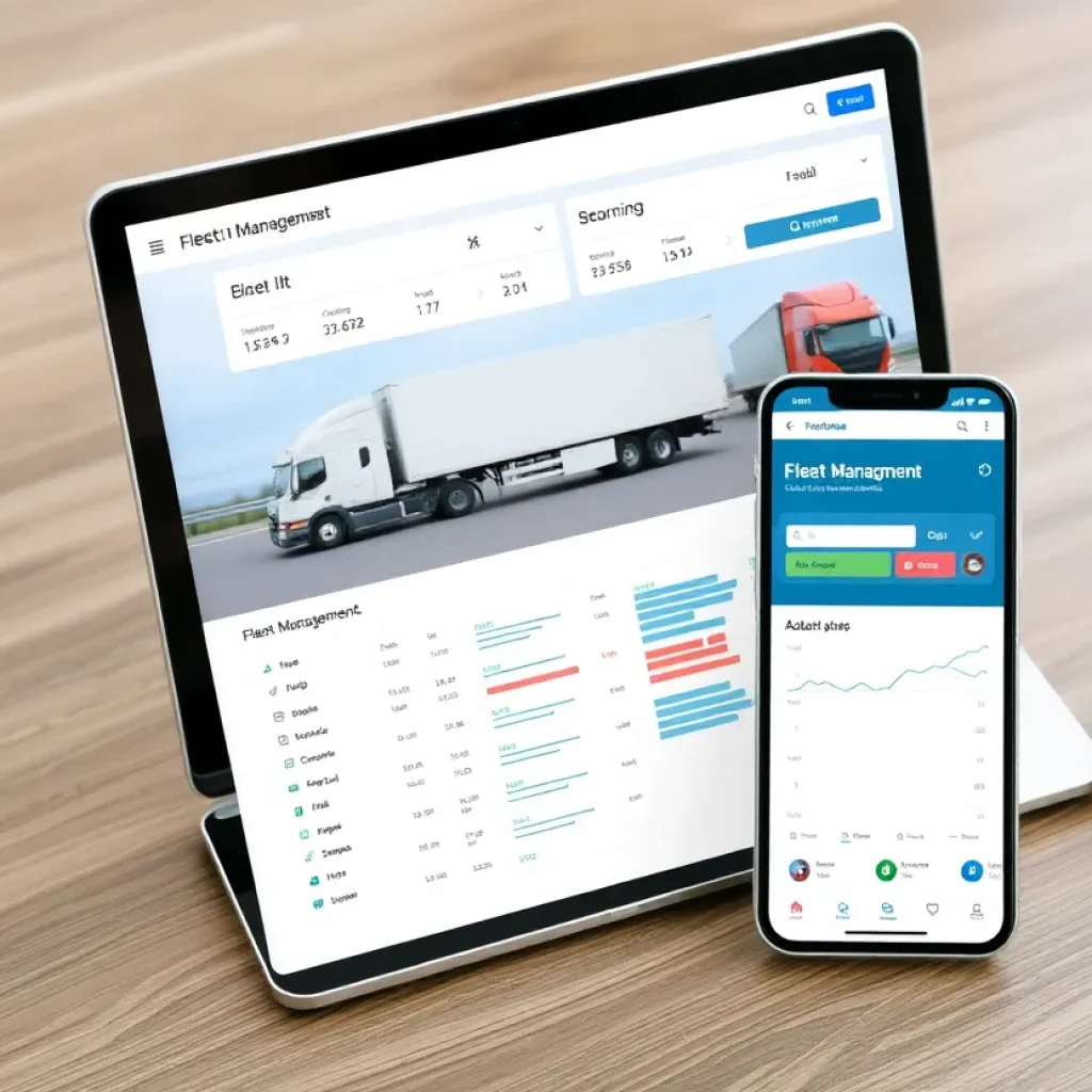 Screenshot of fleet management software interface on laptop and mobile device