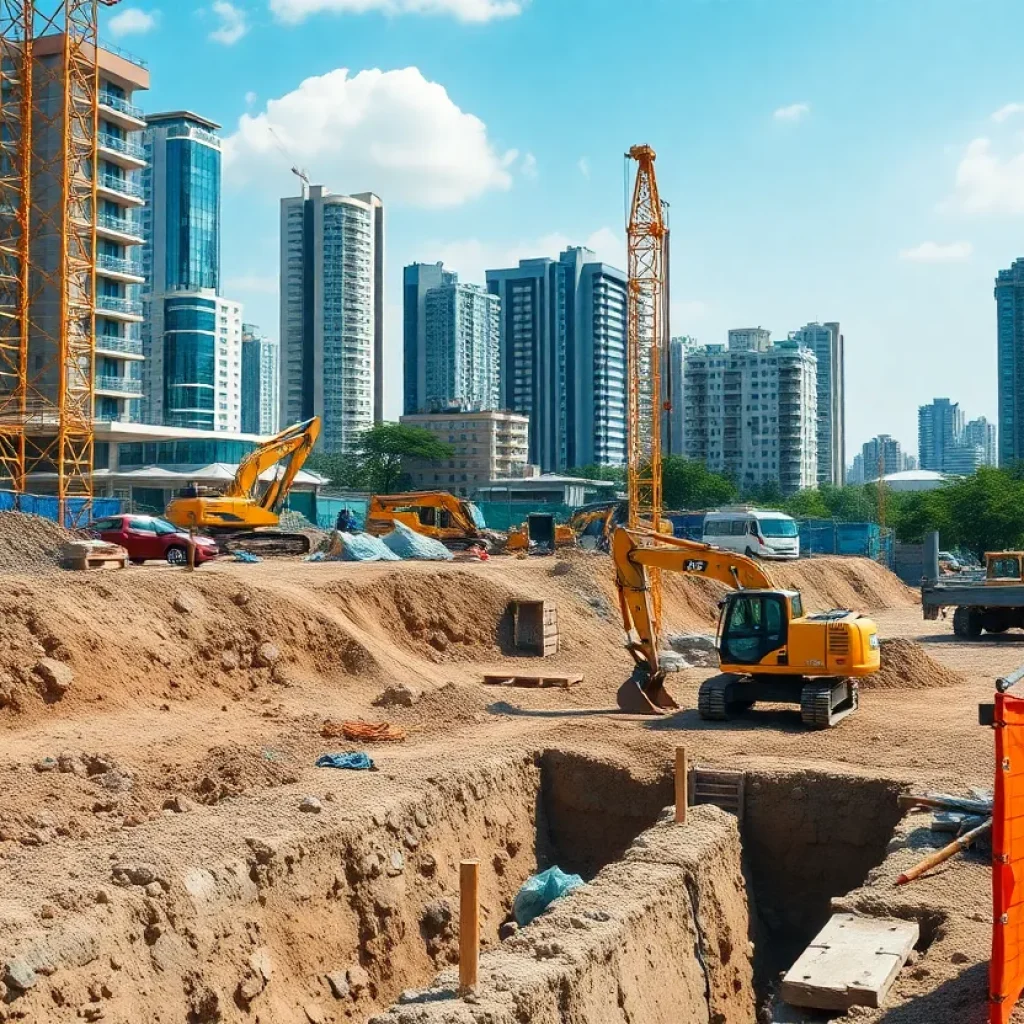 Workers on a geotechnical construction site with advanced equipment.