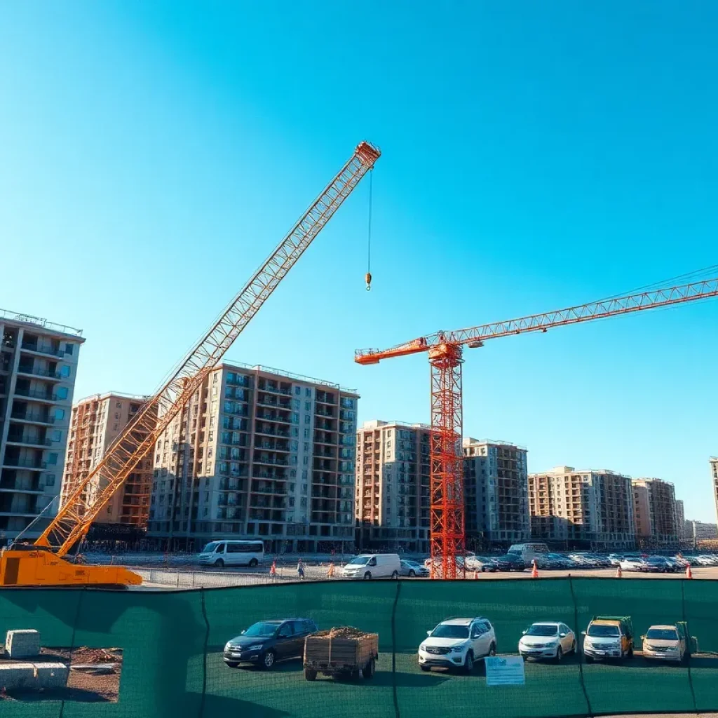 Construction site in Huntsville showing cranes and buildings