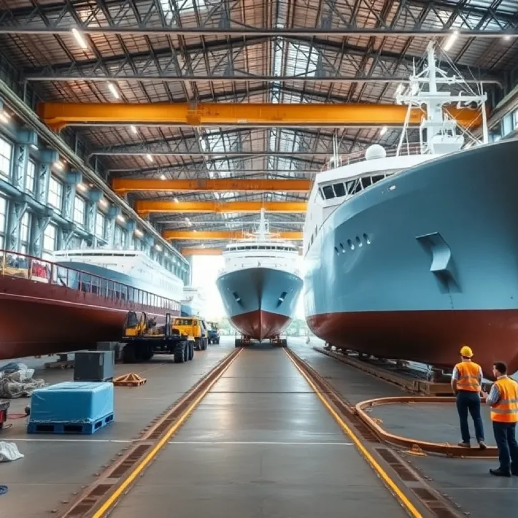 A shipyard featuring advanced shipbuilding technology and workers engaged in ship construction.