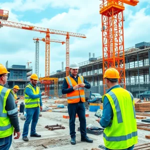 Construction workers at a job site utilizing technology