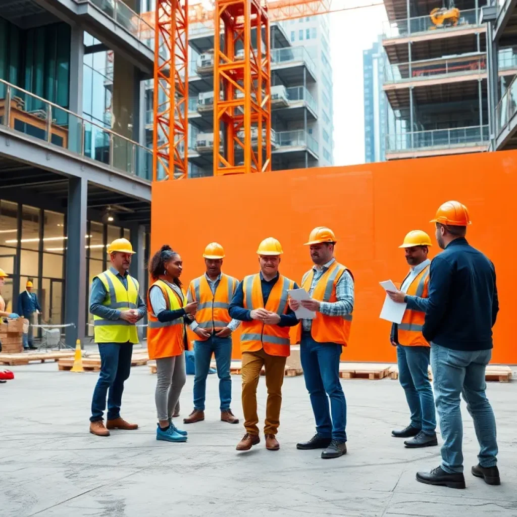 Team of construction professionals discussing plans on site
