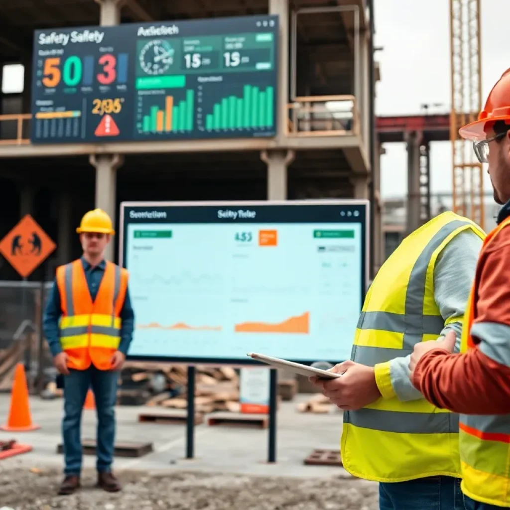 Workers at a construction site practicing safety measures