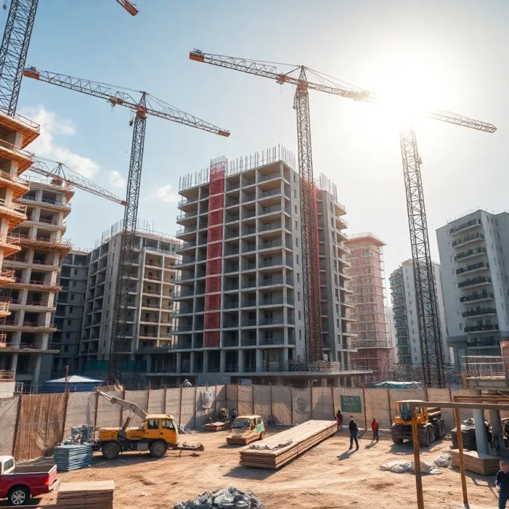 A busy construction site for hotels with workers and equipment
