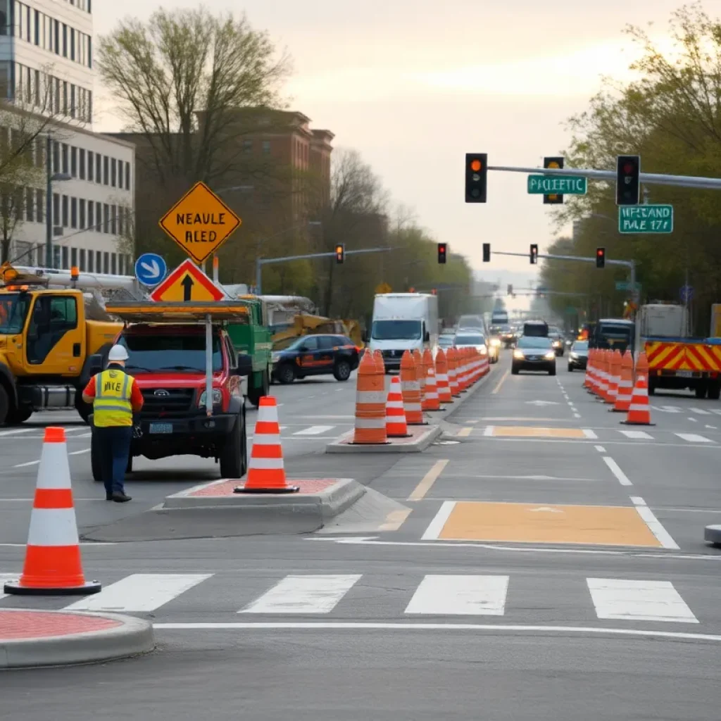 Construction site on Maple Avenue with traffic management features
