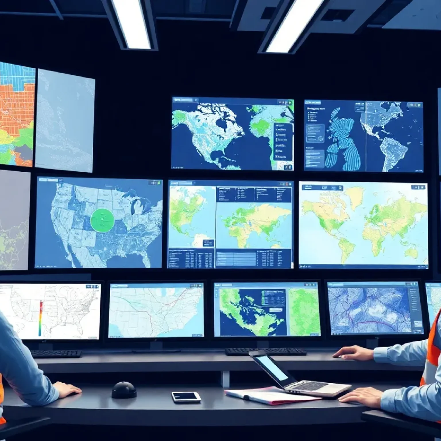 Team collaborating in a modern utility control center with GIS technology