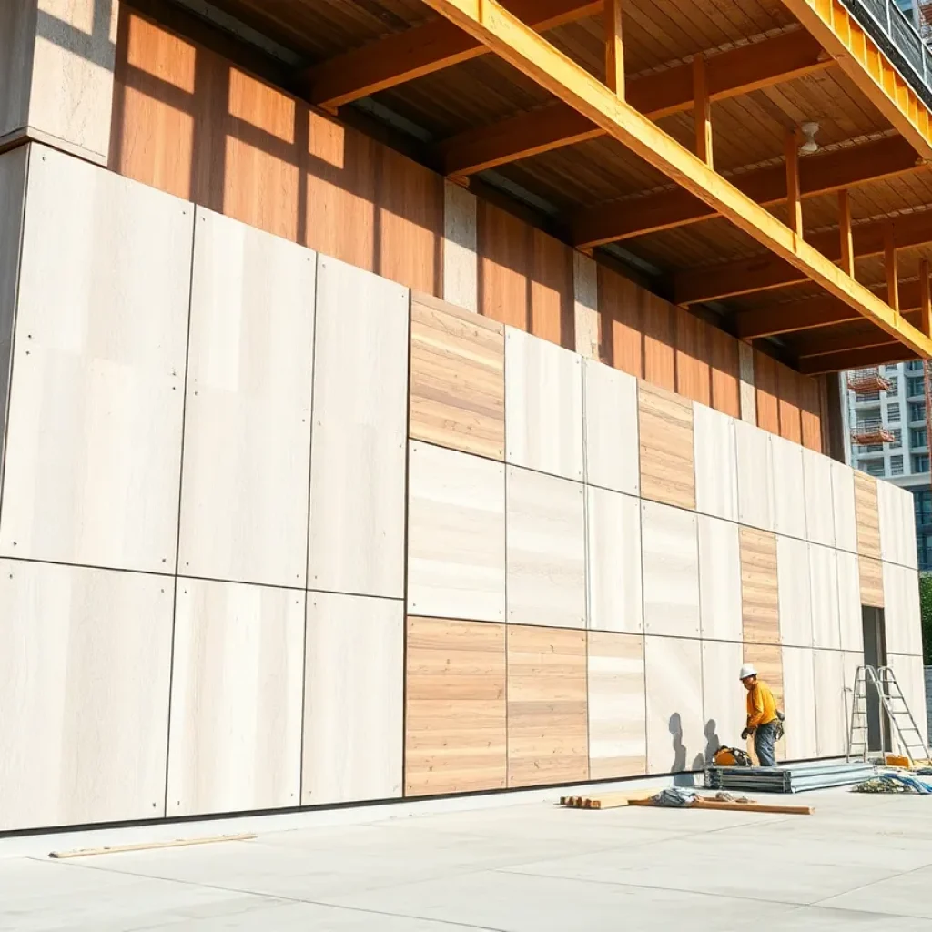 Construction workers installing modular wall panel systems