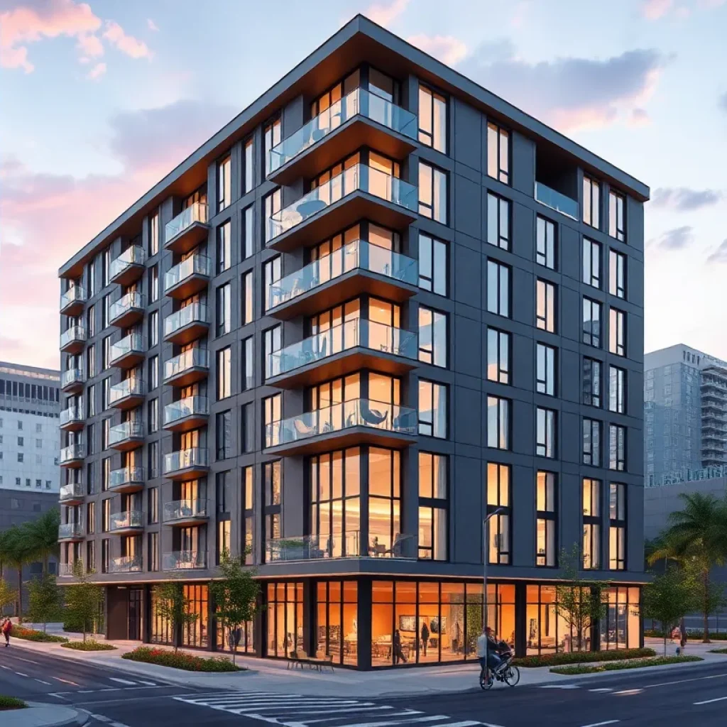 Aerial view of a new multifamily apartment complex under construction in Boston's Allston neighborhood.