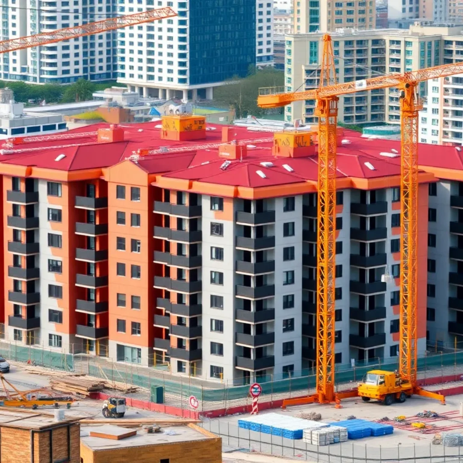 Construction site of a multifamily housing project facing challenges.