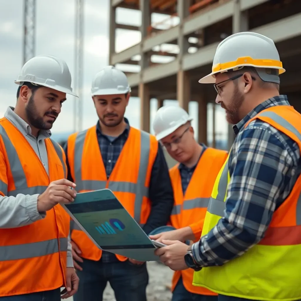 Construction workers using technology on-site in North Bay.