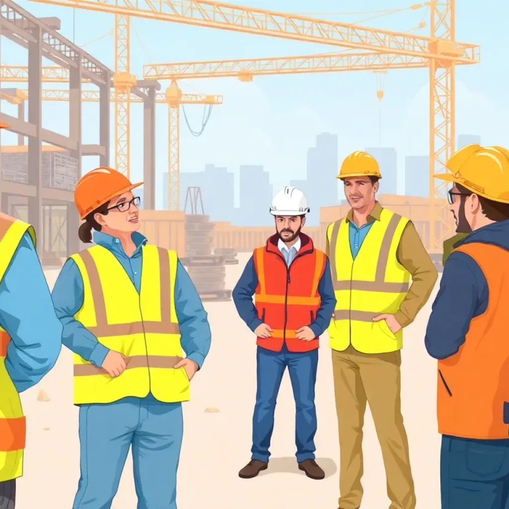Workers discussing new OSHA regulations at a construction site