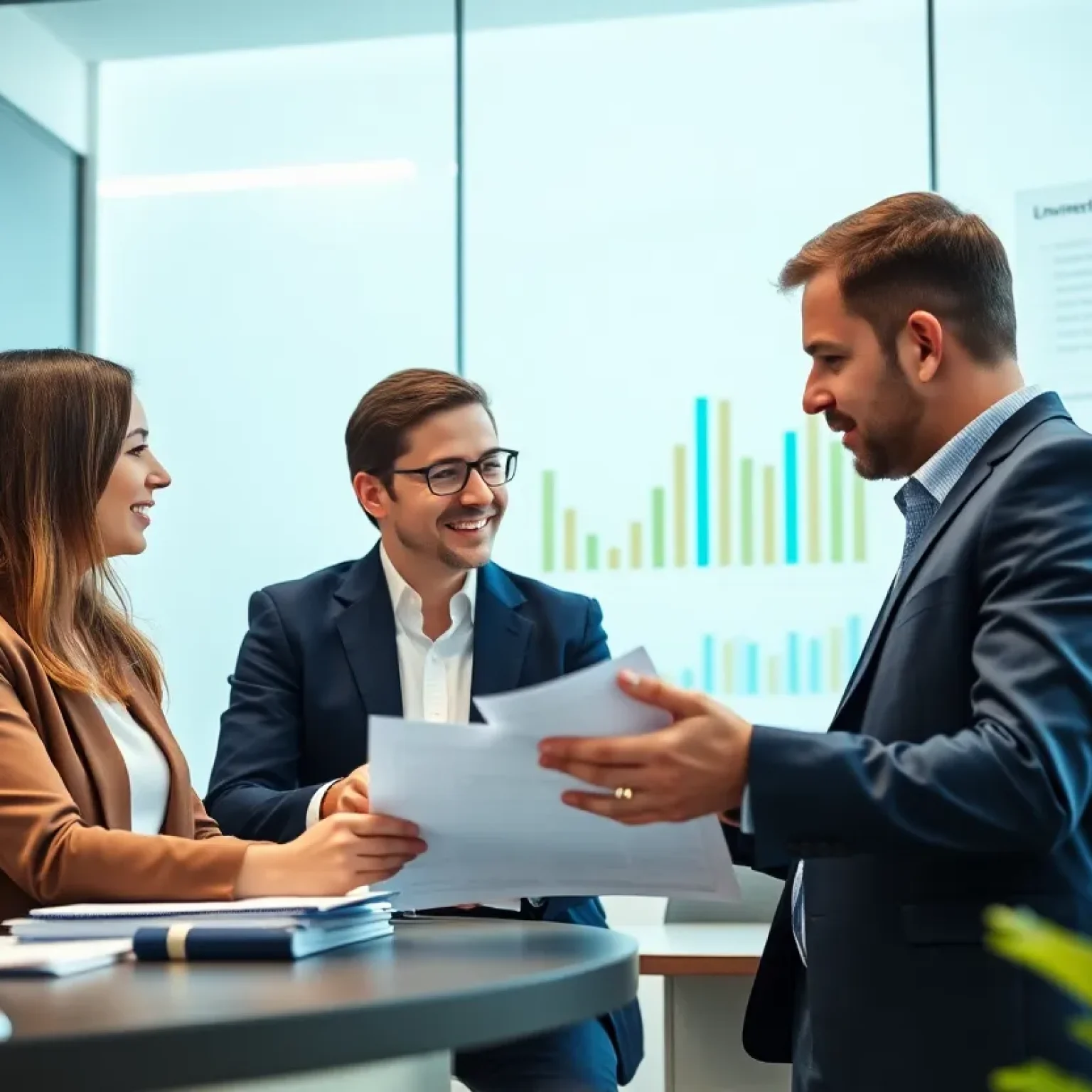 Professionals in a financial office discussing loan strategies