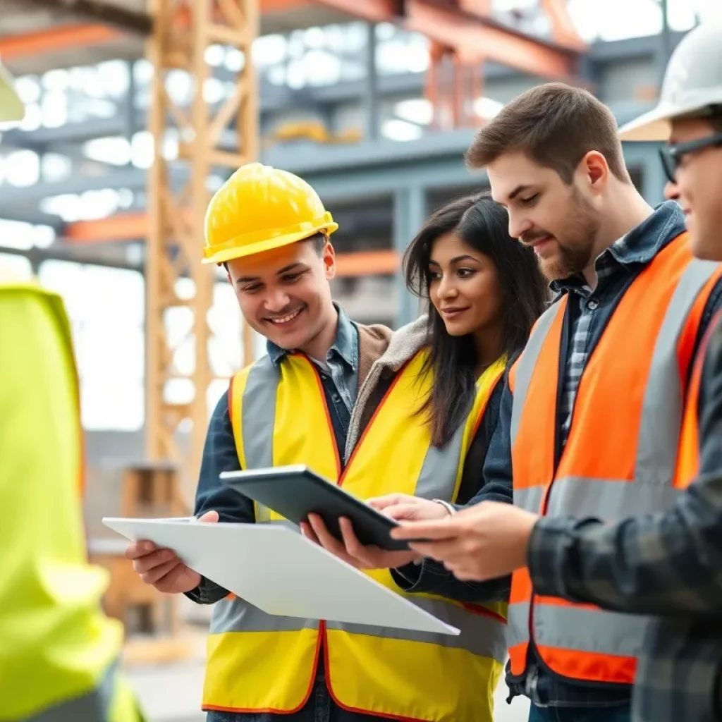 Team using technology on a construction site