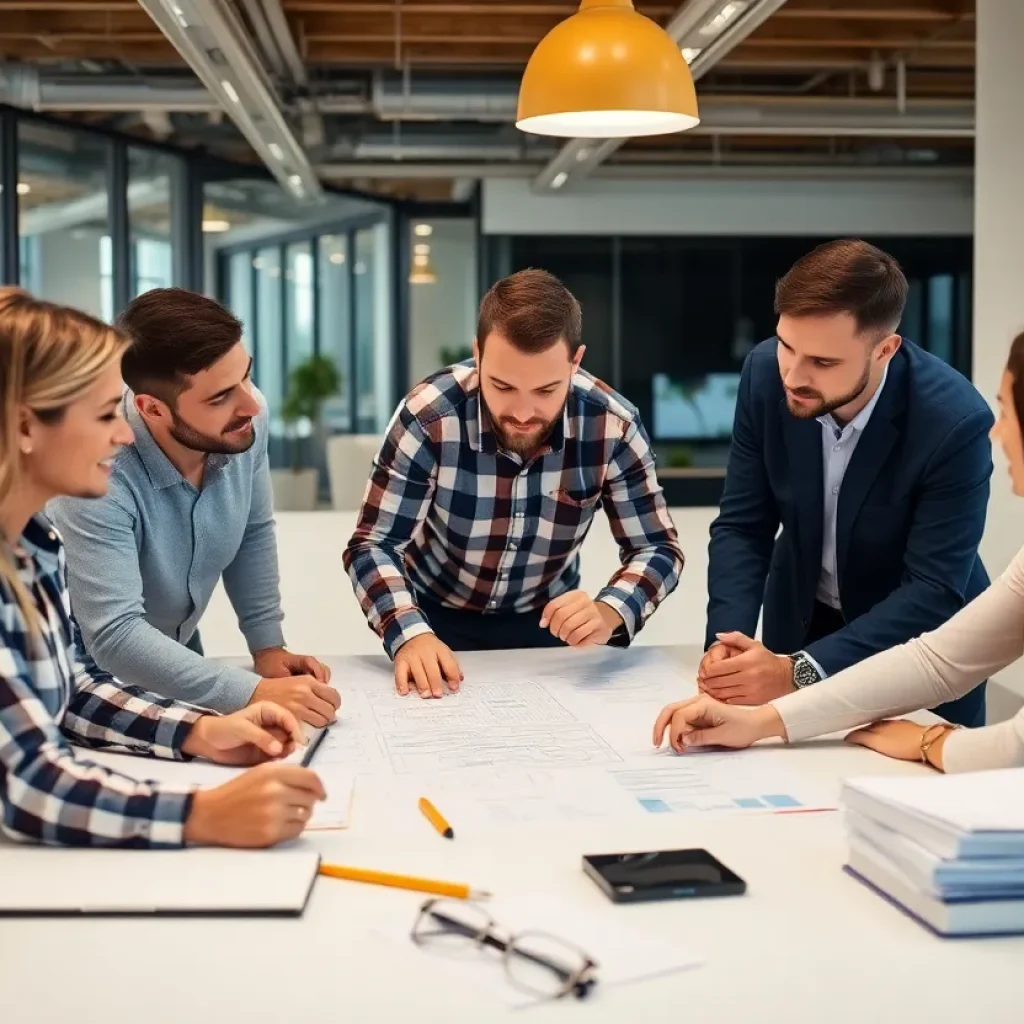 Team collaborating in an office using construction software