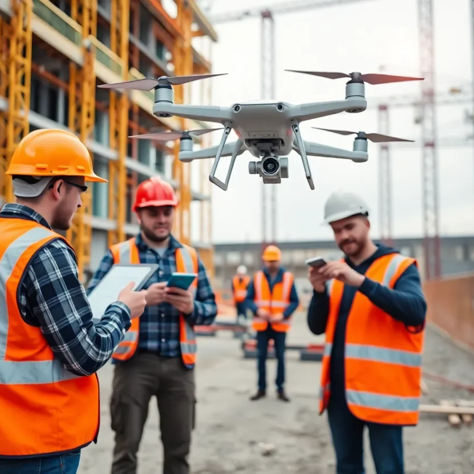 Construction workers using technology and drones for progress tracking