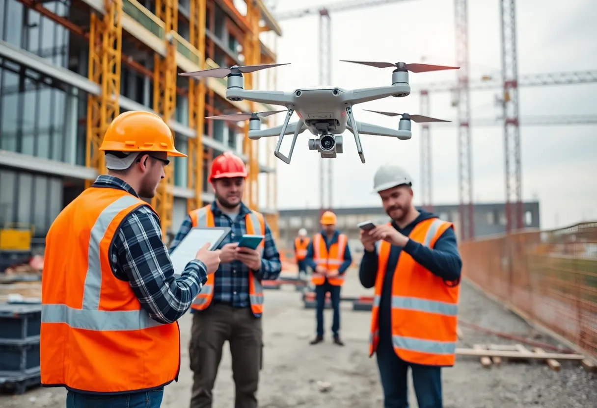 Construction workers using technology and drones for progress tracking
