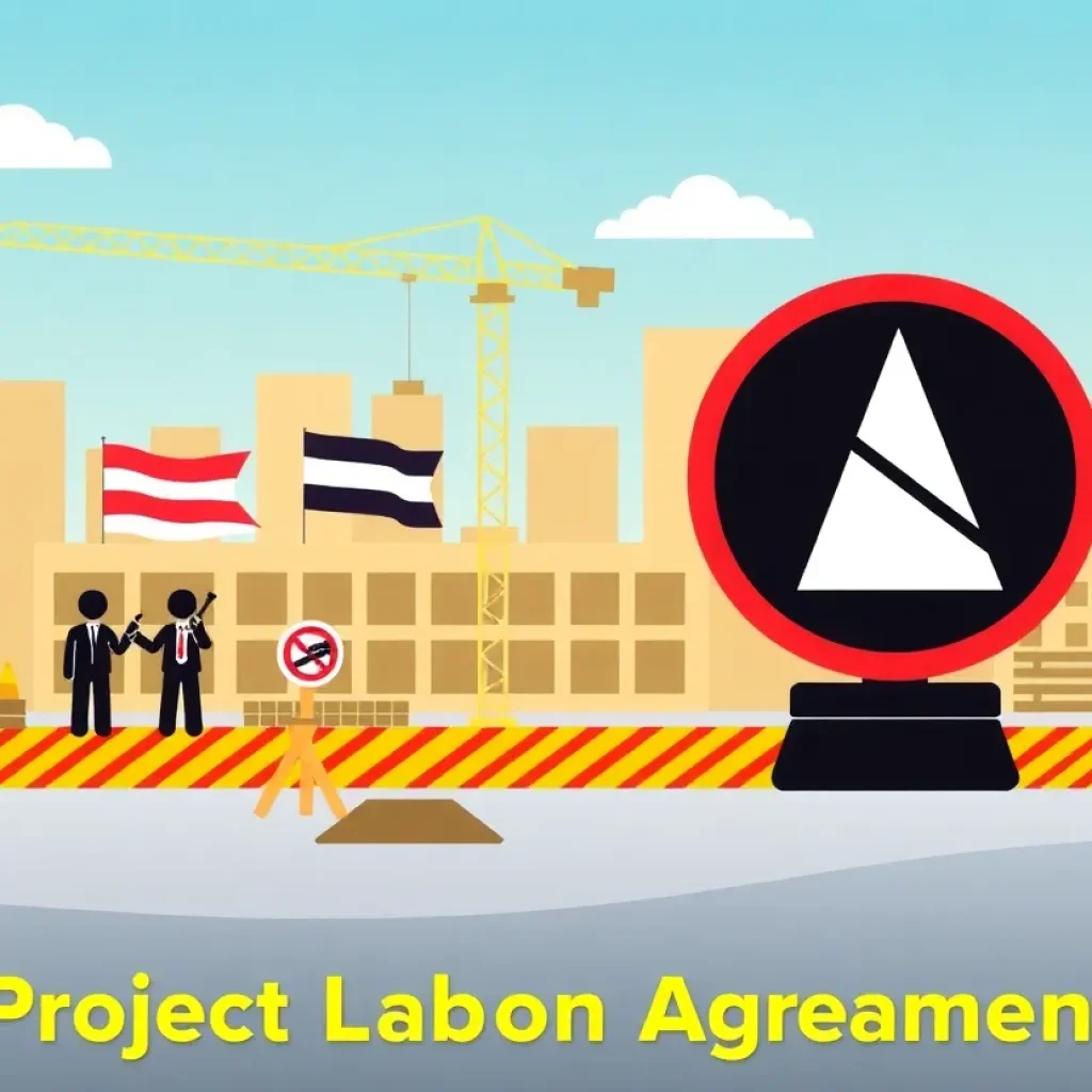 Construction site with union and legal symbols