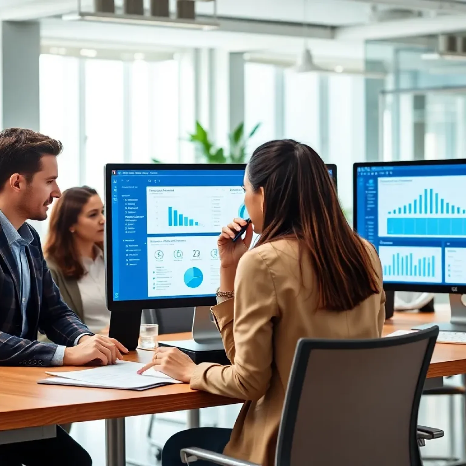 Office professionals collaborating on property management software