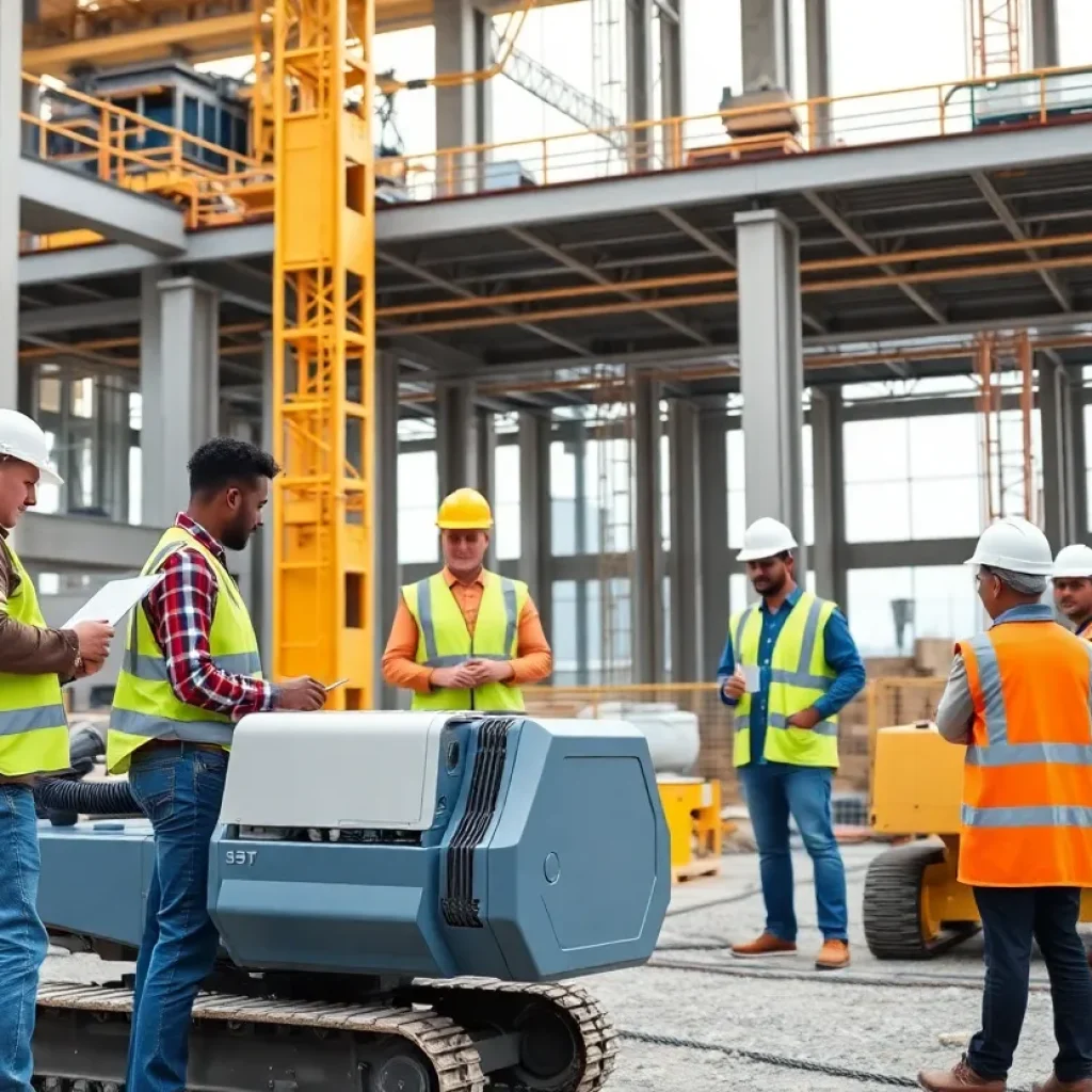 Construction site with advanced technology and diverse teams