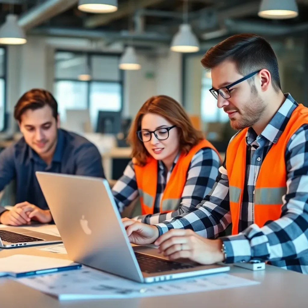 Engineers working together using construction software in a modern office