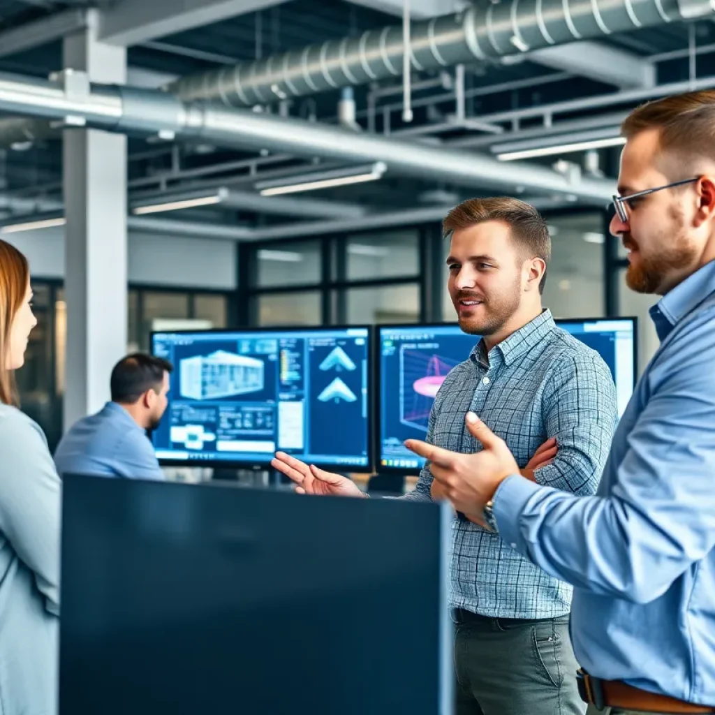 Engineers collaborating in an office with advanced software tools