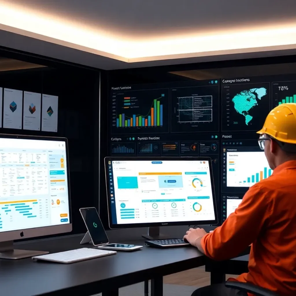 Digital workspace showcasing advanced construction technology tools for contractors