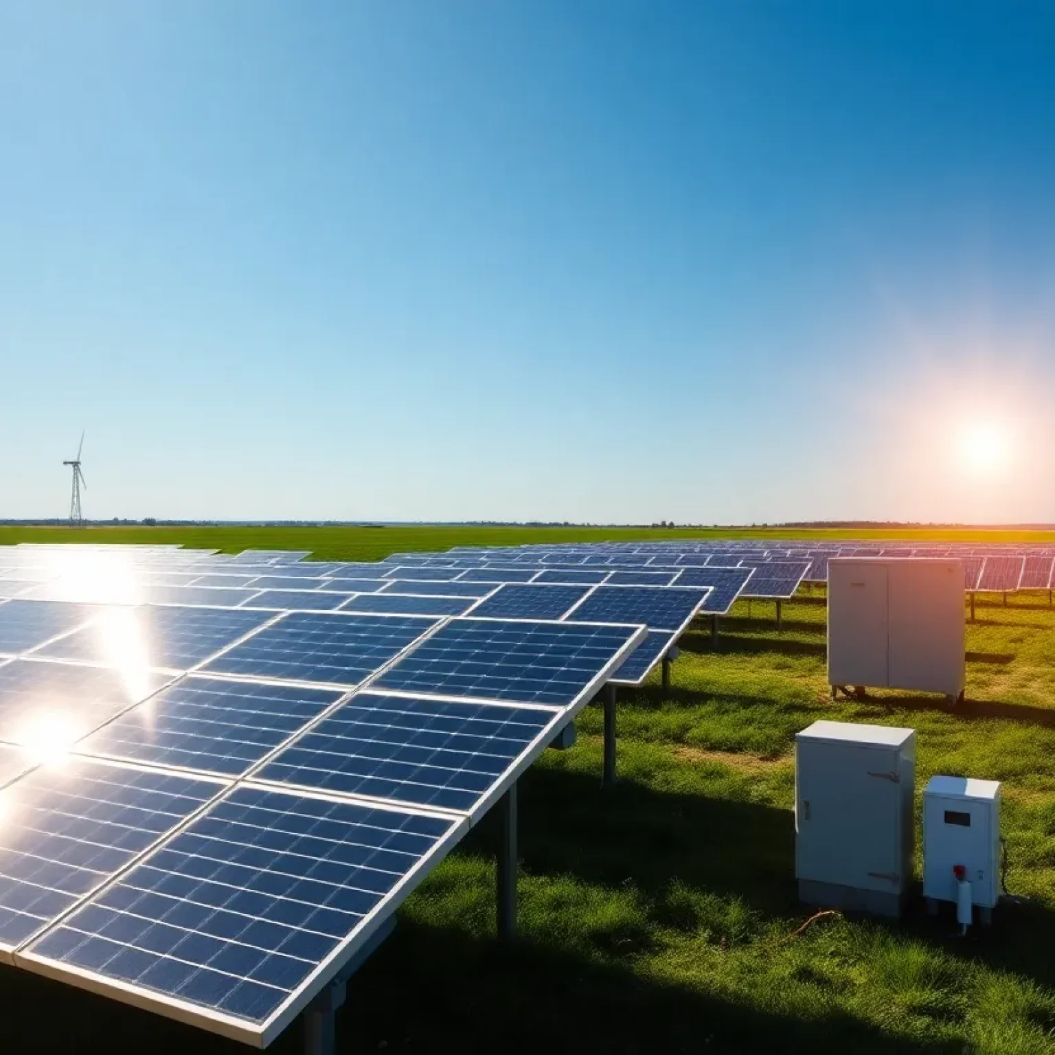 Solar farm with energy storage units under a blue sky
